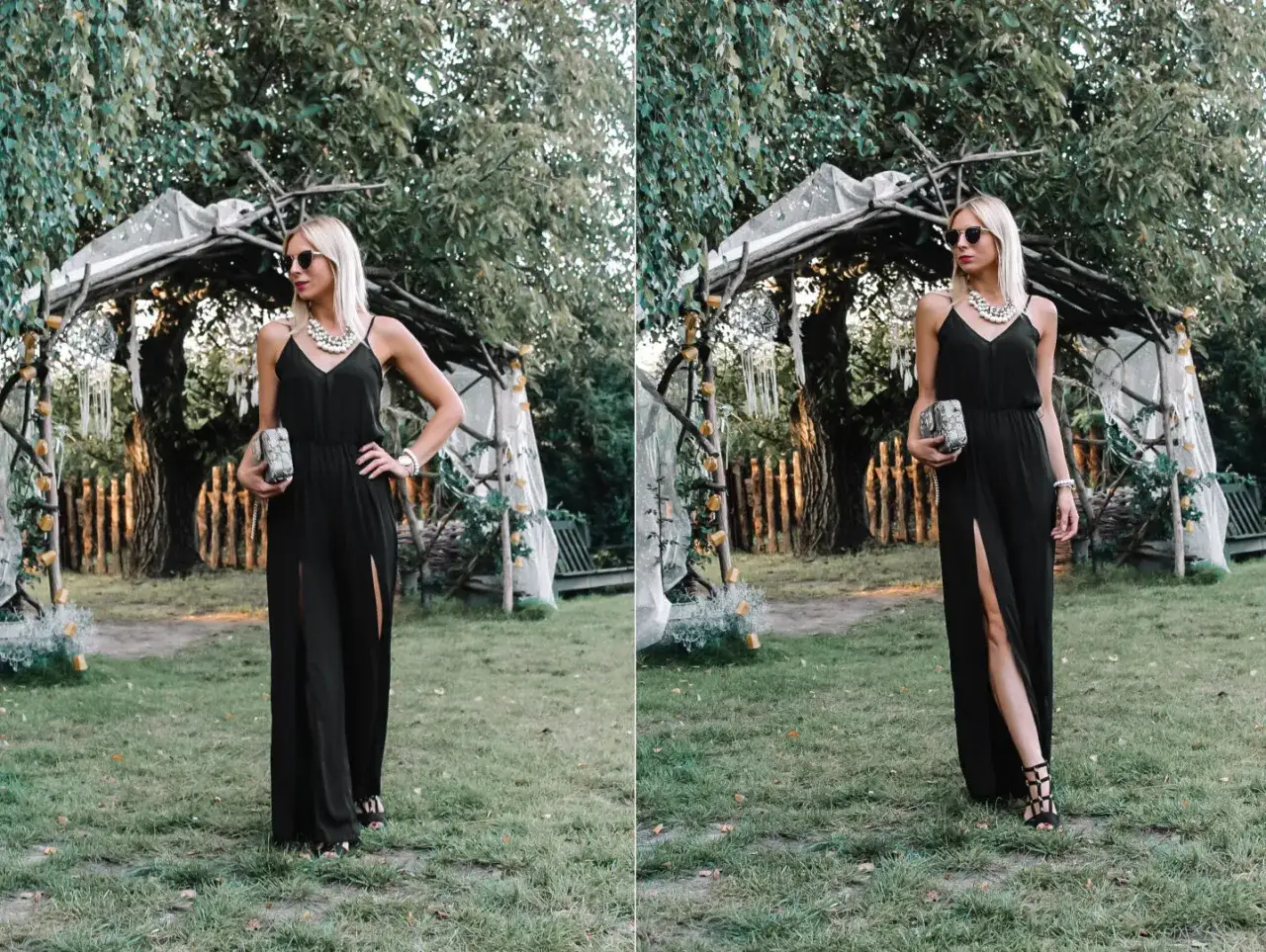 Elegancka czarna długa sukienka z rozcięciami, idealna na garden party. Jak się ubrać? Postaw na efektowną biżuterię i stylową kopert&oacute;wkę.