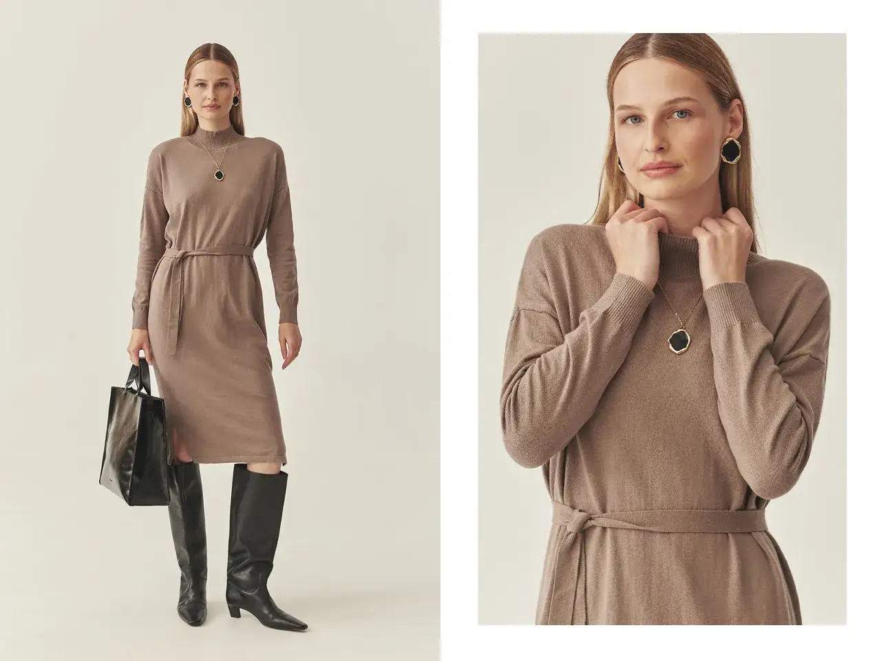 Modelka w brązowej sukience dzianinowej, czarnych kozakach i torebce. Stylizacja z nutą eklektyzmu nude.