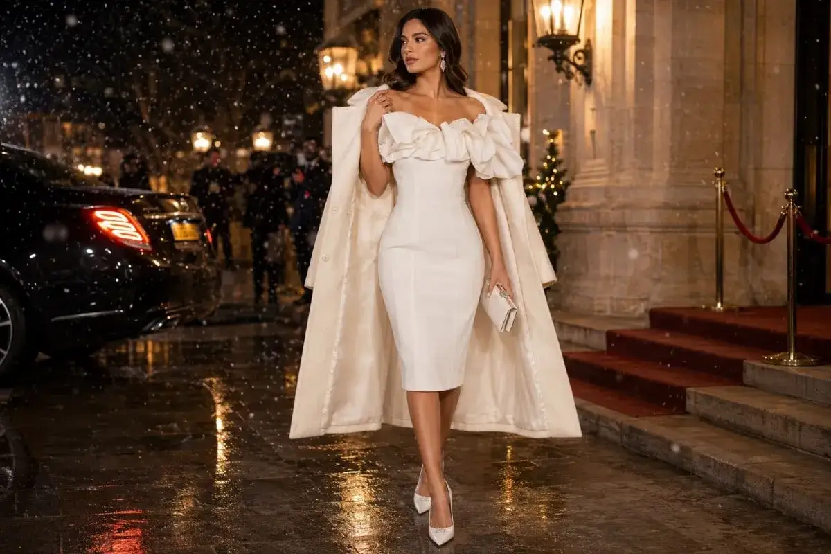Elegancka kobieta w kremowej sukience koktajlowej wieczorowej wychodzi z limuzyny w deszczu.