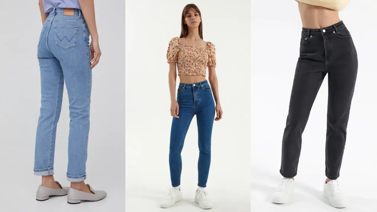 Jasne dżinsy z wysokim stanem i czarne spodnie dla klepsydry. Modelka w kwiecistym topie i niebieskich jeansach.