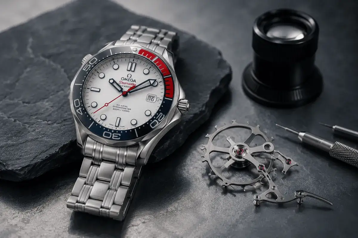 Luksusowe rodzaje zegark&oacute;w: srebrny Omega Seamaster z białą tarczą, czerwonymi i niebieskimi akcentami, obok mechanizmu i narzędzi zegarmistrzowskich.