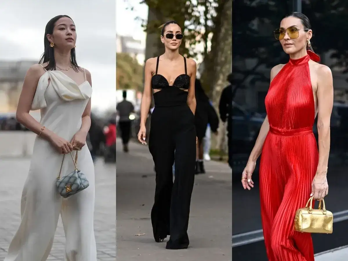 Trzy kobiety w eleganckich kombinezonach: biały, czarny i czerwony. Każda z nich ma stylową torebkę, idealnie dobraną jako co na górę do kombinezonu.