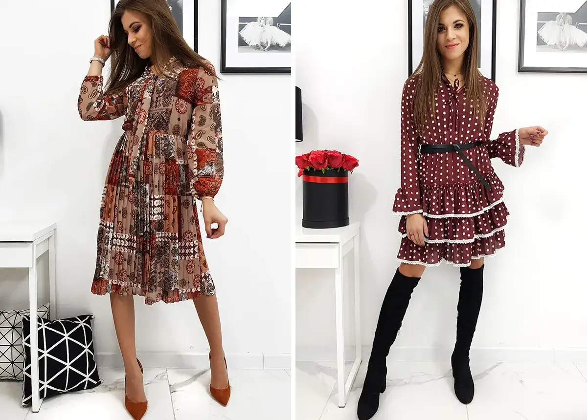 Dwie kobiety prezentują styl vintage moda damska: jedna w sukience w geometryczne wzory, druga w grochy.