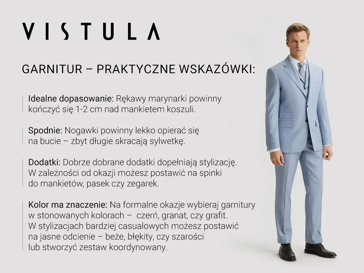 Jasnoniebieski garnitur męski, idealnie dopasowany, z kamizelką. Wskazówki dotyczące stylizacji i doboru kolorów garniturów.
