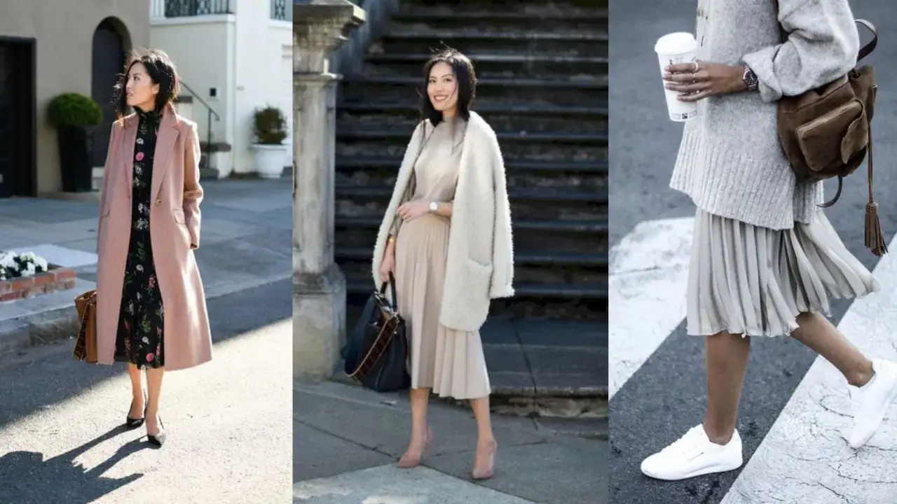 Eleganckie stylizacje ze sp&oacute;dnicą za kolano: czarne szpilki, beżowe cz&oacute;łenka i białe sneakersy. Jakie buty do sp&oacute;dnicy za kolano? Zobacz inspiracje!