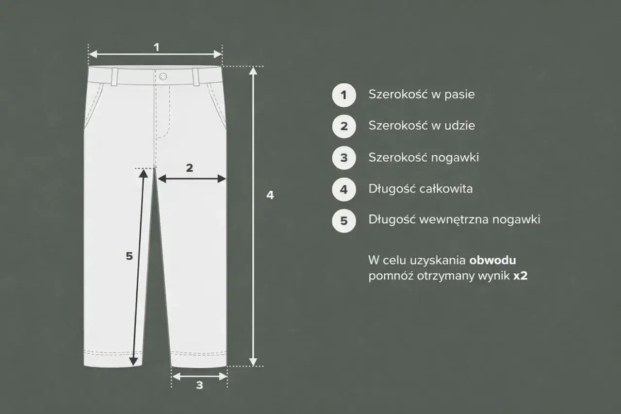 Schemat mierzenia spodni: 1. pas, 2. udo, 3. nogawka, 4. długość całkowita, 5. długość wewnętrzna. Rozmiar spodni 31/32 oznacza obw&oacute;d pasa 31 cali i długość wewnętrzną nogawki 32 cale.