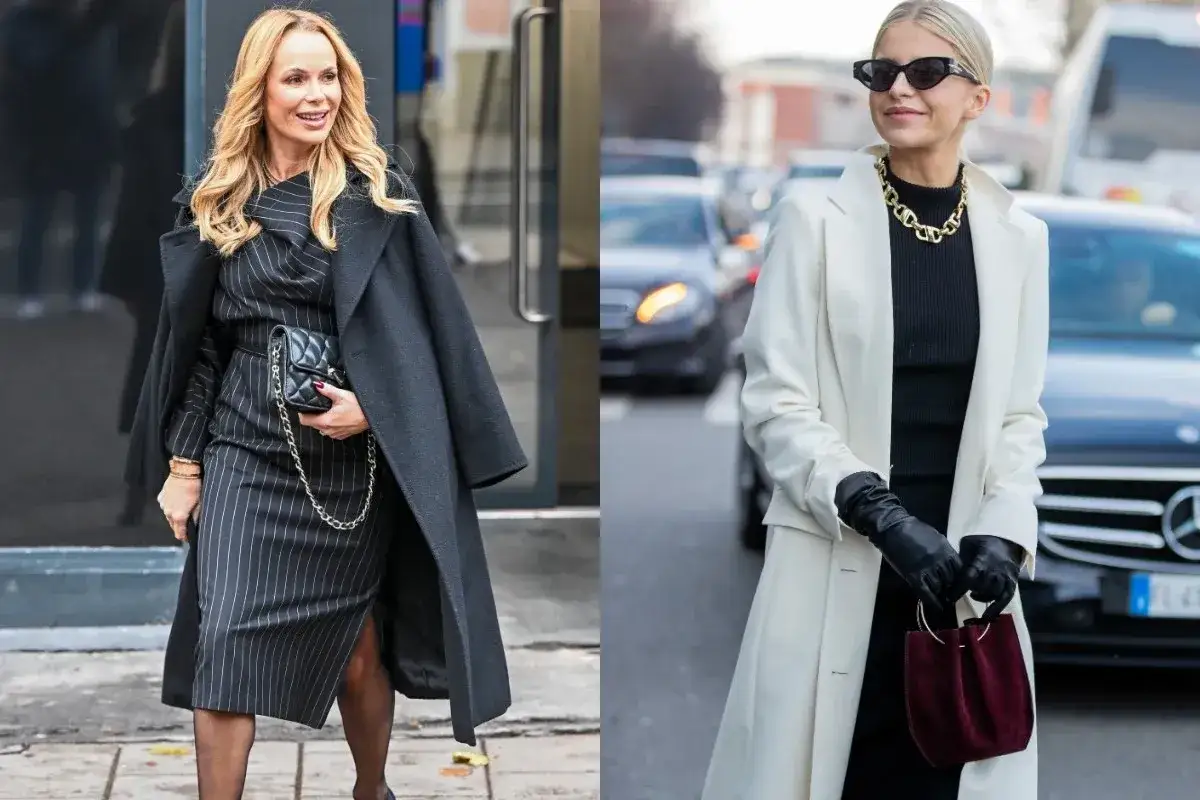 Eleganckie stylizacje na Wigilię firmową: czarna sukienka w paski z płaszczem i biały komplet z akcesoriami.