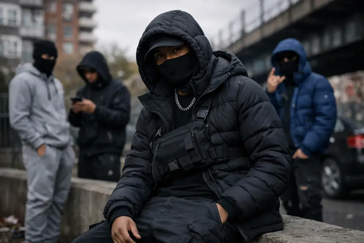 Młodzi mężczyźni w kapturach i maskach, w stylu drill, siedzą i stoją na tle miejskiego krajobrazu.