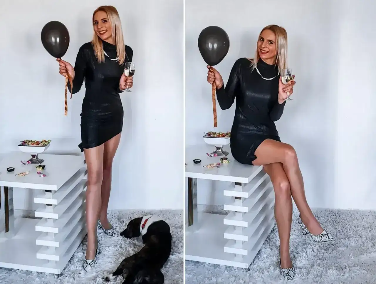 Elegancka czarna sukienka, błyszczące szpilki i balon – idealny zestaw, jak się ubrać na 18. Uroczy piesek czeka na tort.