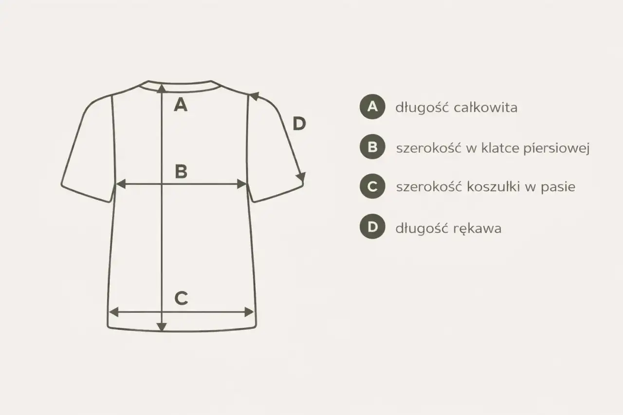 Schemat koszulki z wymiarami: A - długość całkowita, B - szerokość w klatce, C - szerokość w pasie, D - jak zmierzyć długość rękawa.